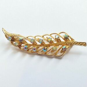 Vintage Austrian crystal leaf brooch aurora borealis AB pin made in Austria